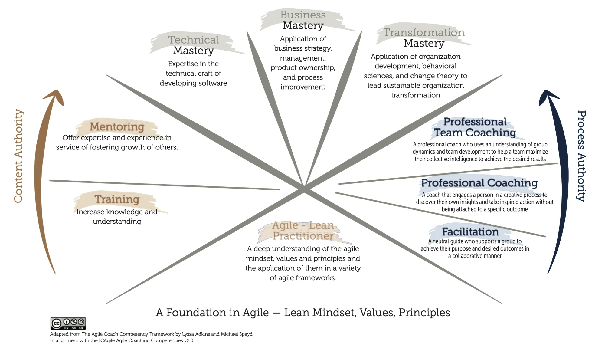 Agile coaching competency framework: technical, business and transformation mastery; mentoring and training (content authority); professional team coaching, professional coaching and facilitation (process authority); agile-lean practitioner, on a foundation of agile-lean mindset, values and principles